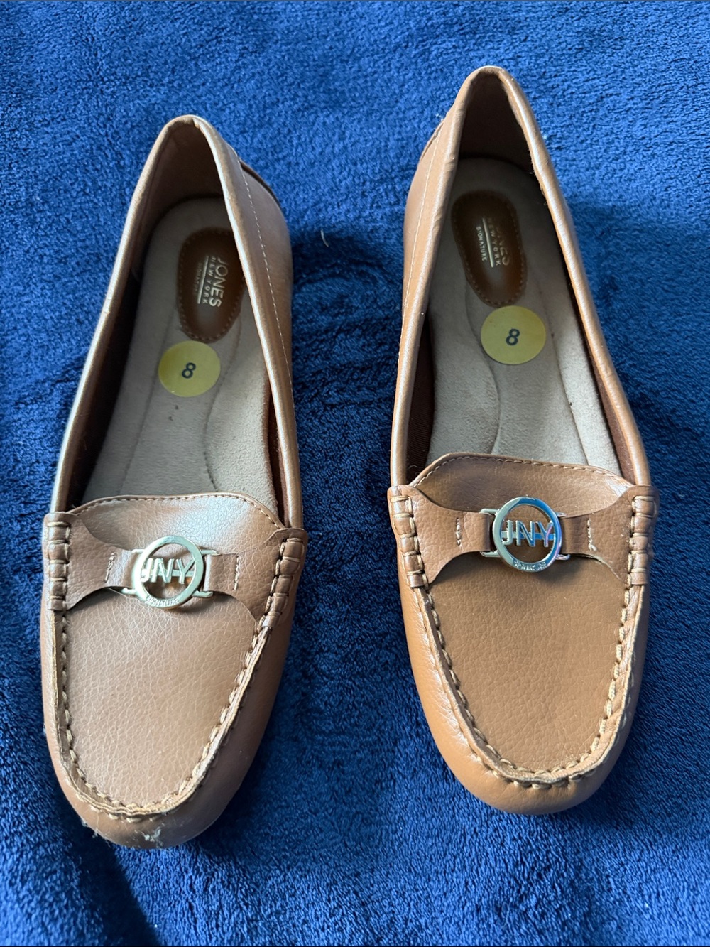 Jones New York Tan Leather Slip-On Loafers with Round Logo Accent
